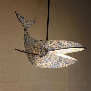 Whale Wooden Pendant Light | Handmade Laser Cut Ceiling Lamp for Nursery, Kids Room or Eco Decor | Chinoiserie Toile de Jouy