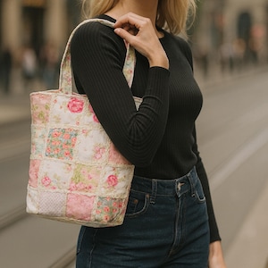 May include: A patchwork tote bag with a floral pattern in shades of pink, white, and green. The bag has a rectangular shape with a sturdy handle. The design features a variety of floral prints and solid pink squares, creating a vintage aesthetic.
