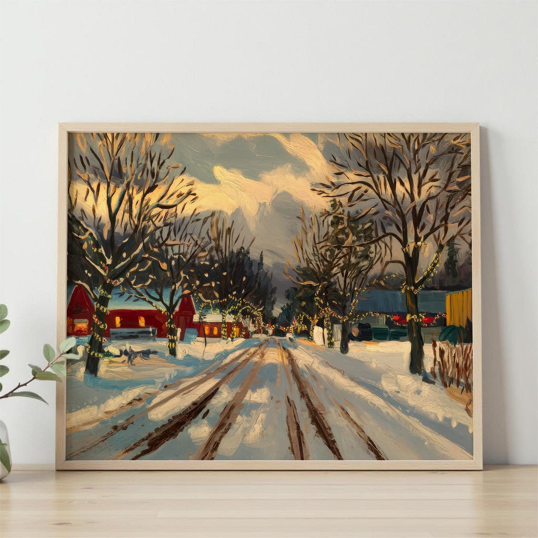Snowy Christmas Village Print Vintage Holiday Wall Art Winter Printable ...
