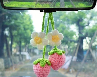 Crochet Car Plant with Strawberry Design | Flower Basket Plant | Crochet Flower Basket Plant | Handmade Car Bag Accessories