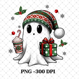 May include: A white ghost wearing a red and green Christmas hat, holding a red and green cup with a candy cane and a green and white gift box with a red bow.