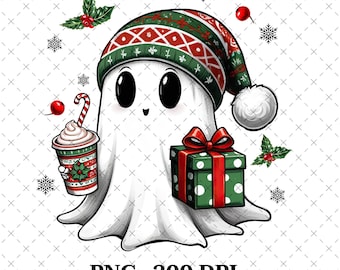 クリスマスのかわいいゴーストセーター PNG | かわいいゴーストのクリスマスギフト PNG | コーヒー好きのゴーストシャツ | クリスマスゴーストTシャツ | クリスマスギフト PNG