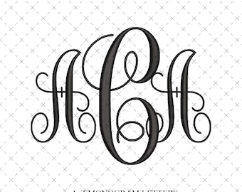 Aangepast lettertype monogram wijnstok voor borduurwerk, mooie in elkaar grijpende monogramletters, schriftmonogramalfabet, machineontwerpen