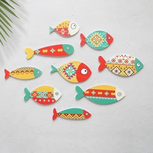 Wooden Fish Wall Art, Coastal Beach Style Wall Decor for Living Room and Bedroom, Nautical Wooden Fish Paintings