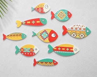 Wooden Fish Wall Art Set: Coastal Beach Decor, Recycled Wood, Decor for Living Room and Bedroom, Nautical Wooden Fish Paintings