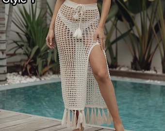 Falda playera de crochet con flecos, cubierta de bikini de malla con abertura alta en varios colores, traje de baño bohemio de verano hecho a mano, falda Betty de crochet