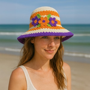 Crochet Coquette Sun Hat for Women Girls - Handmade Wide Brim Summer Hat with Floral Details, Burlap Style Beach Hat, Cottagecore Gift