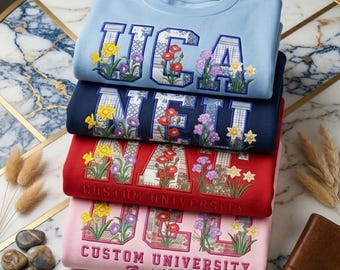 Personalized University College Crewneck,Embroidered Custom Floral Letter Sweatshirt, Sorority Apparel, Varsity College Name Shirt