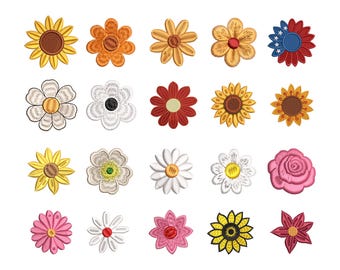 Diseño de bordado de 20 miniflores/Paquete floral de margaritas/Flores bordadas a máquina/Flores individuales/6 tamaños, descarga instantánea