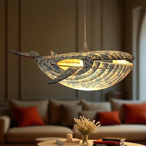 Whale Wooden Pendant Light | Handmade Laser Cut Ceiling Lamp for Nursery, Kids Room or Eco Decor | Chinoiserie Toile de Jouy DIY Kit