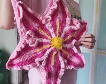 Bolso de hombro bohemio de hilo con flor de lirio de crochet hecho a mano, bolso de crochet con lirio de colores personalizados, bolso floral hecho a mano, bolso único, regalo para ella