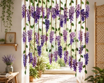 Cortina de glicinias de ganchillo hecha a mano, adorno floral bohemio para ventana, separador de ambientes floral morado, decoración de pared estilo cottagecore, arte textil.