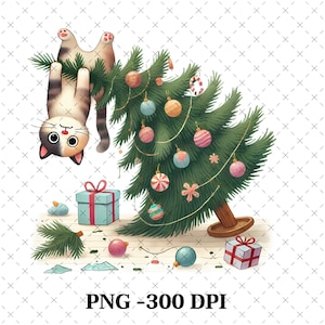 Chat dans le sapin de Noël PNG | Bonnes vacances des cliparts | Conception par sublimation/presse à chaud | Chat de Noël drôle PNG |  Joli chat de Noël png