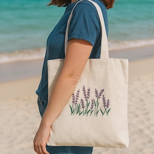 Embroidery Tote Bag Lavender Flower, Hand Embroidered Flower Bag, Handmade Flower Market Bag, Floral Cavas Embroidery Women’s Tote
