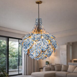 Handmade Monstera Wood Lamp with Blue Floral Print, Artisan Layered Pendant Light, Tropical Leaf Wood Chandelier, Unique DIY Gift