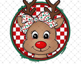 Cute Reindeer Girl with Bow PNG | Kids Christmas Checker Design | Printable Waterslide & Sublimation DTF Clipart | Instant Digital Download