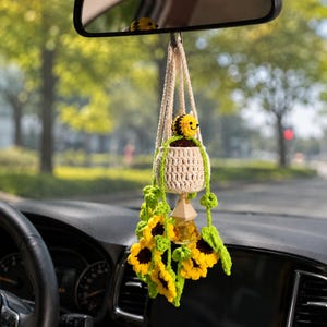 Crochet Bee Sunflower Car Diffuser, Rear View Mirror Hanging Accessory (Empty Bottle)