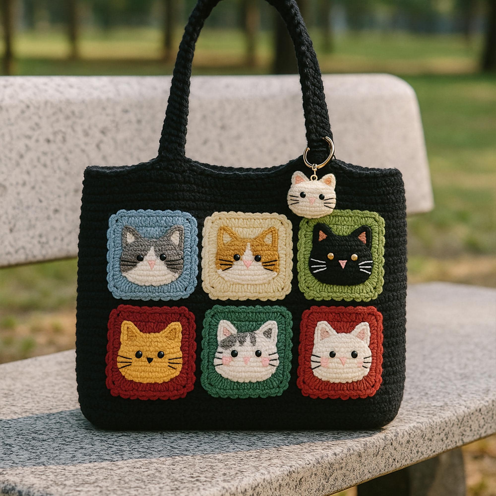 かぎ針編みの猫のトートバッグ：手作りのおばあちゃんのスクエア型財布