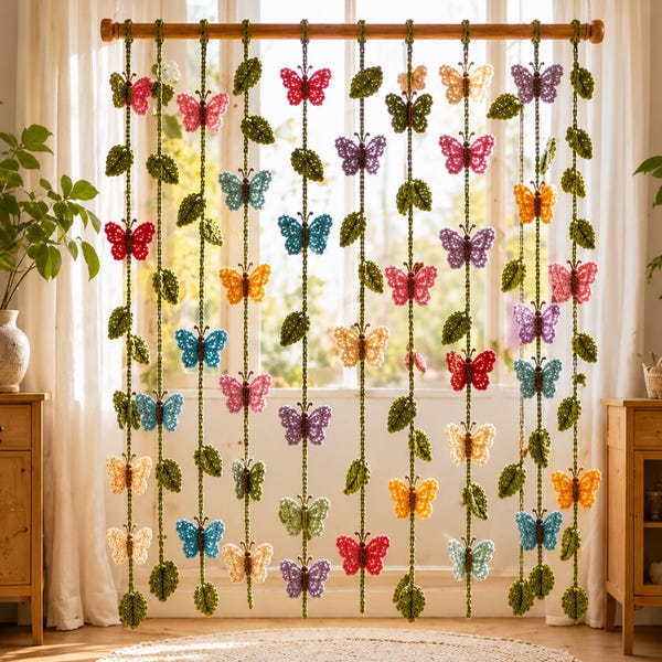 Crocheted Butterfly Curtain, Handmade Floral Vines, Boho Cottagecore Wall Decor