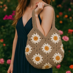 Crochet Sunflower Bag, Sunflower Tote, Granny Square Bag, Handmade Crochet Bag, Boho Sunflower Purse, Eco Friendly Gift