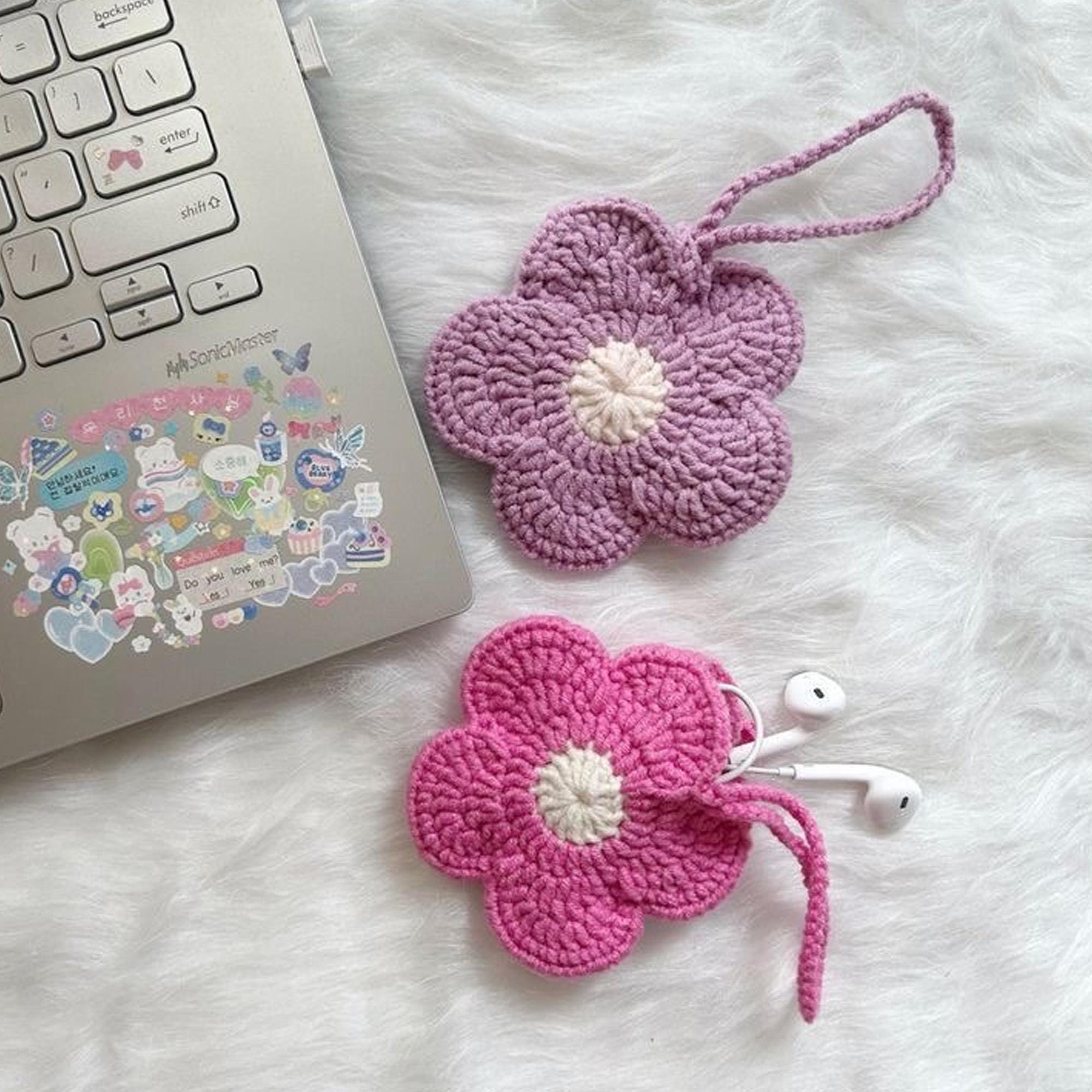 Handmade Crochet Earphones/Earbuds Storage Flower Bag – Mini Crossbody Pouch for Earbuds & Small Accessories, Custom Name
