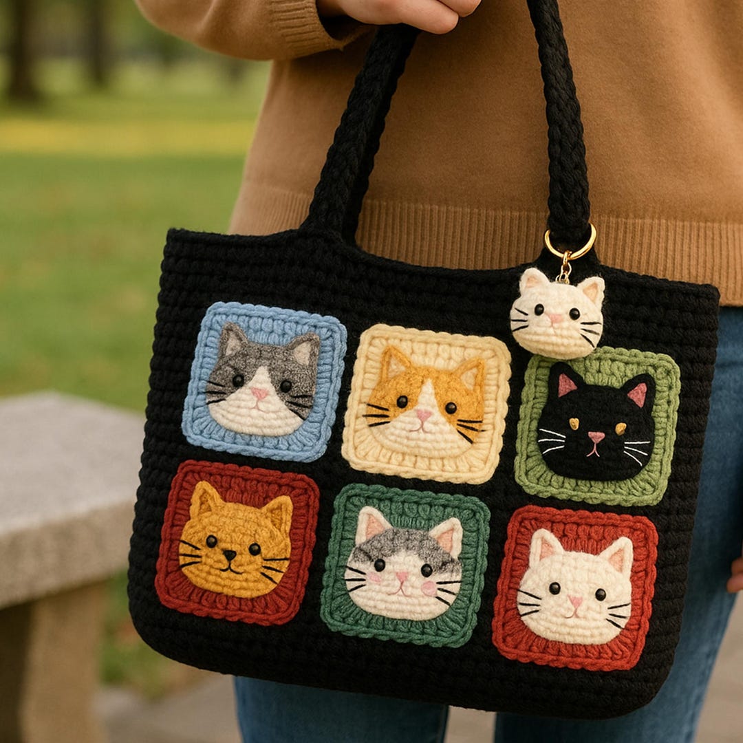 かぎ針編みの猫のトートバッグ：手作りのおばあちゃんのスクエア型財布