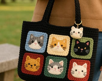 かぎ針編みの猫のトートバッグ：手作りのおばあちゃんのスクエア型財布