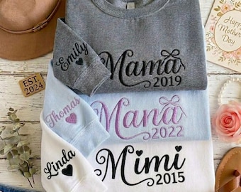 Personalized Mom and Est. Date Embroidery Sweatshirt, Custom Mama Sweatshirt with Kids Name on Sleeve, Gift Momma Hoodie, Mother's Day