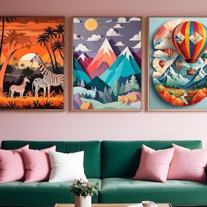 Set di 3 decorazioni per cameretta con mongolfiera / Arte ritagliata in carta per cameretta safari / Stampe da parete moderne per neonati e graziose decorazioni per la cameretta dei bambini