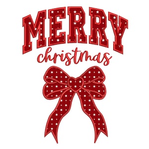 May include: Red and white "Merry Christmas" text with a red bow with white stars. The bow has a heart in the centre.