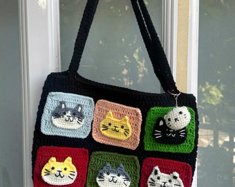 かぎ針編みの猫のトートバッグ：手作りのおばあちゃんのスクエア型財布