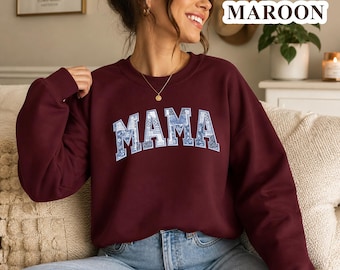 Sudadera universitaria con bordado de apliques personalizados para mamá, sudadera de cuello redondo con apliques de letras, sudadera con patchwork con iniciales universitarias