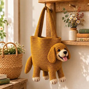 Gehaakte draagtas met Golden Retriever-print, schattige schoudertas met hondenmotief, kawaii dierentas, handgemaakte tas met bosmotief, cadeau voor Golden Retriever-liefhebbers, cadeau voor hondenliefhebbers