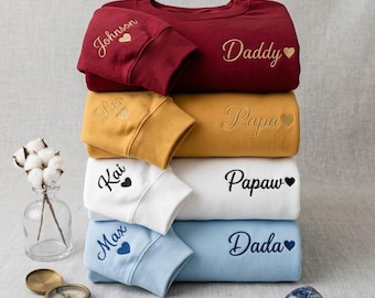 Moletom personalizado bordado para o Dia dos Pais, presente para o Dia dos Pais, nomes personalizados na manga, presente para o novo papai, mostre seu amor na manga