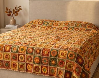 Coperta autunnale all'uncinetto, coperta quadrata fatta a mano in stile "nonna", coperta afghana con fiori autunnali, accogliente coperta in stile cottagecore, decorazione rustica per la casa, regalo del Ringraziamento