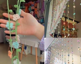 Handmade Crochet Flower Curtain | Boho Yarn Door Hanging with Assorted Flowers | Colorful Room Divider | Customizable Floral Wall Decor