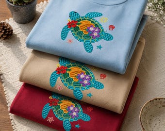 Embroidered Sea Turtle Sweatshirt, Summer Beach Vibes, Turtle Lover Gift, Harming Turtle Lover Graphic, Hello Summer Beach