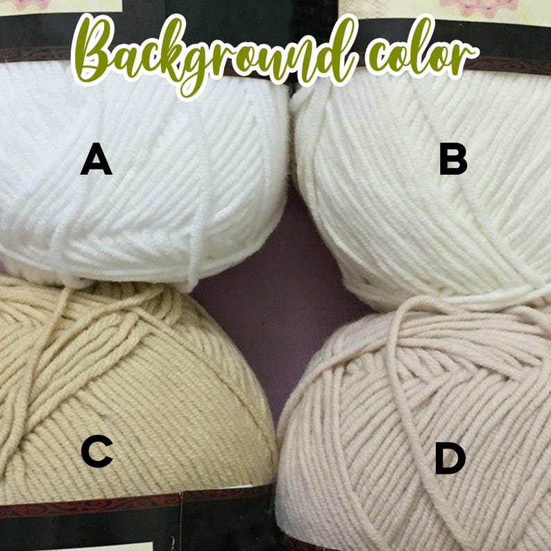 May include: Four balls of yarn in different shades of white and beige. The yarn is labeled A, B, C, and D. The text "Background color" is at the top of the image.