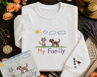 Custom Kids Photo Drawing Embroidered Sweatshirt,Photo Unique Gift for Mom, Dad Sweatshirt,Kids Art Sweatshirt, Drawing on Sweatshirt