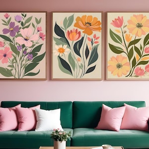 Boho Abstract Flowers Print Set of 3 | Terracotta Floral Wall Art | Vintage Boho Art Prints | Flower Market Poster | Printable Art