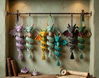 Crochet Dragon Hanging Ornament, Spiral Dragon Car Charm, Handmade Dragon Decor, Cute Fantasy Gift, Crochet Car Accessory