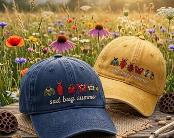 Embroidered Sad Bug Summer Baseball Hat, Washed Cotton Dad Cap, Botanical Insect Lover Gift