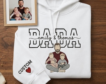 Sudadera con capucha personalizada para papá con nombres de niños, sudadera con retrato sin rostro bordado, para papá de niña, regalo para el primer Día del Padre, sudadera con cuello redondo estilo universitario para papá.