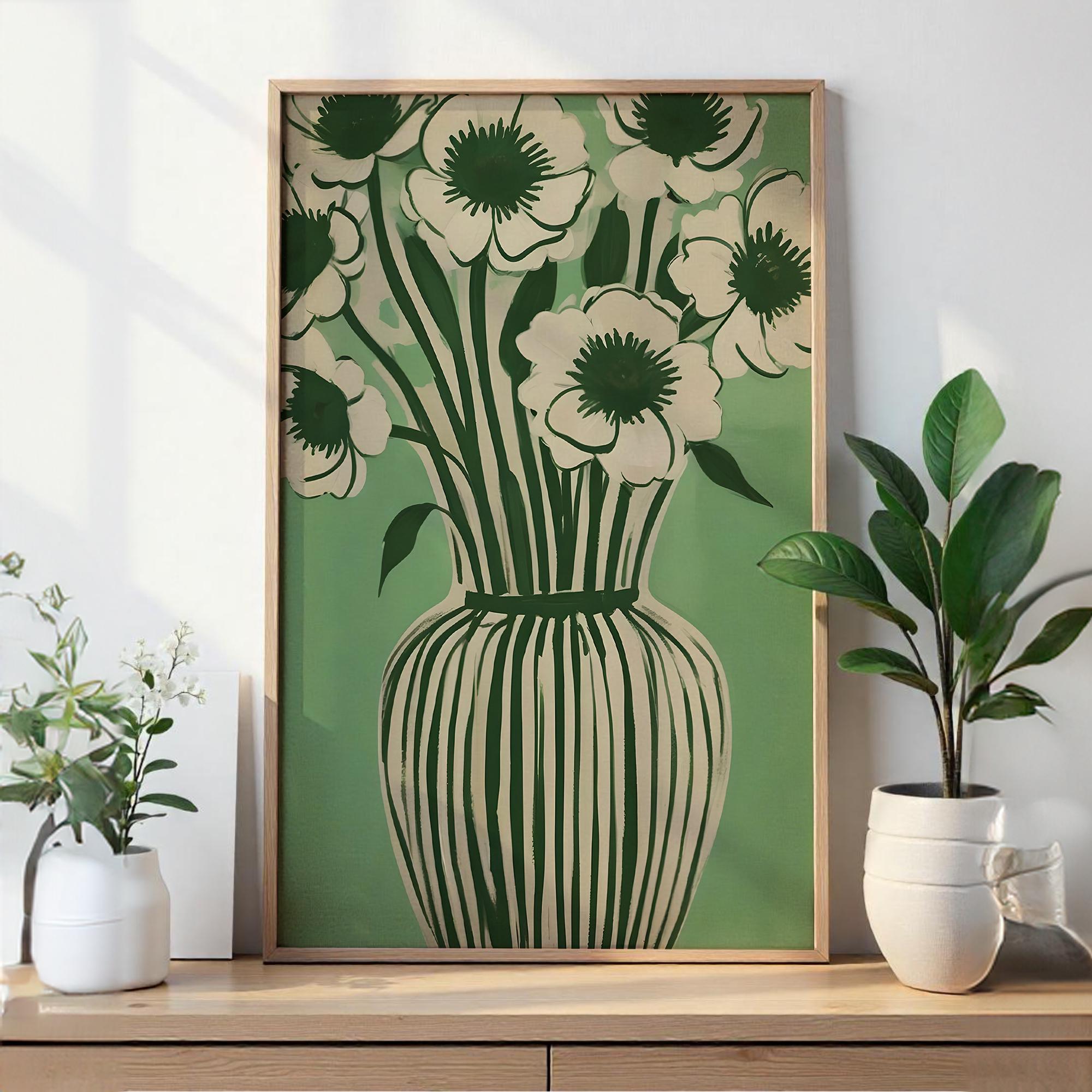 Botanical Green Floral Art Print | Abstract Flower Vase Wall Decor ...