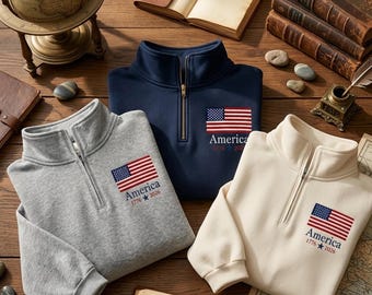 Embroidered American Flag Quarter Zip Sweatshirt | Patriotic USA Apparel