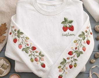 Strawberry Floral Embroidered Sweatshirt, Cottagecore Sleeve Embroidery Sweatshirt, Botanical Fruit Sweater