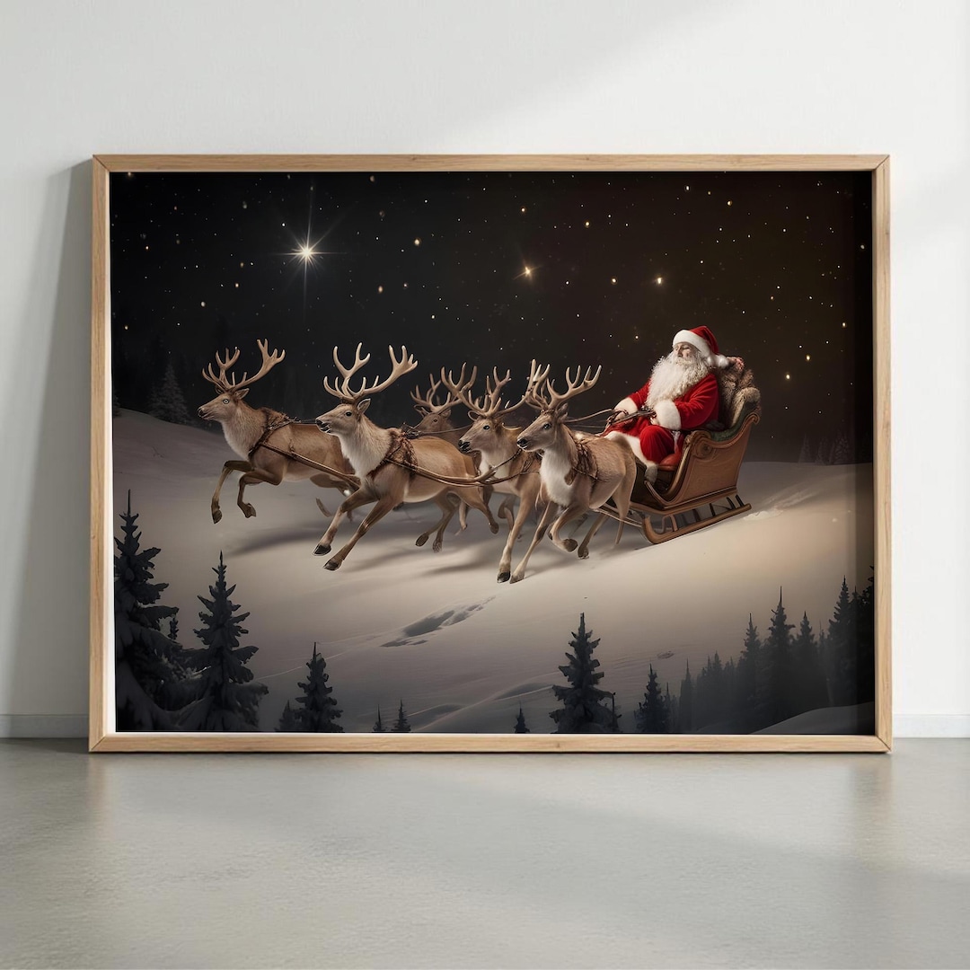 Santa Claus Sleigh & Reindeers Art | Printable Vintage Christmas Wall ...