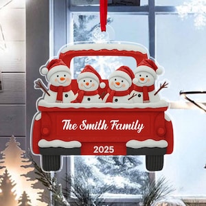 Personalized Snowman Family Christmas Ornament | Red Truck Holiday Ornament | Custom Name Snowman | Flat 2D Christmas Tree Decoration