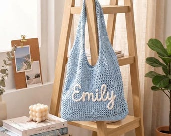 Personalized Crochet Tote Bag, Custom Floral Beach Bag, Crochet Wedding Favor, Bridesmaid Gift, Bridal Party Bag, Gift for Mom