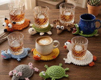 Handmade Crochet Animal Coaster, Funny Mug Rug, Cute Drink Coaster, Kawaii Desk Decor, Housewarming Gift, Gift for Her
